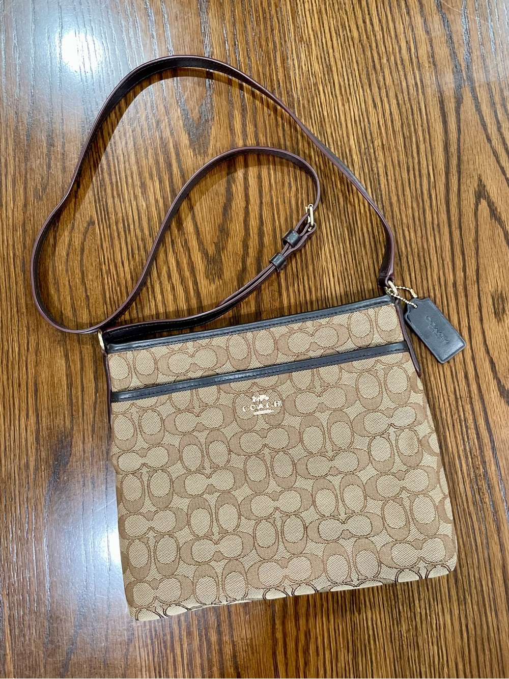 Coach Beige/Tan Signature Crossbody Bag with Brown Leather Strap
